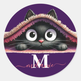 Pegatina Redonda Peek-a-Boo Kitten Script Name Monogram Girls'