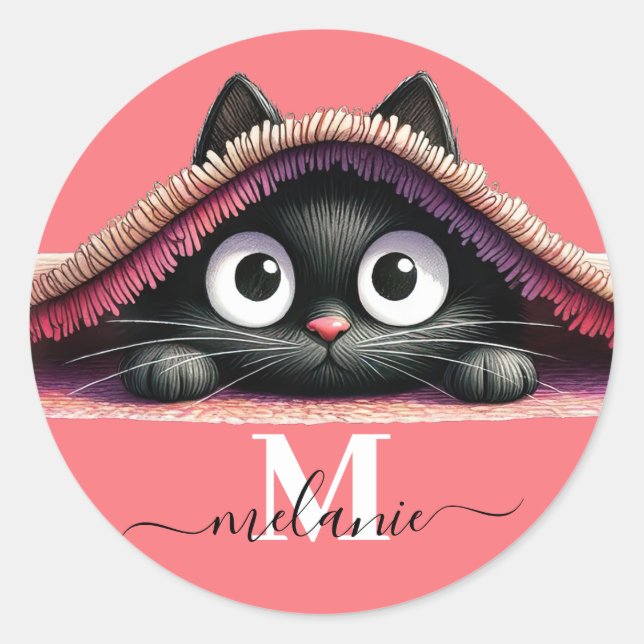 Pegatina Redonda Peek-a-Boo Kitten Script Name Monogram Girls'  (Anverso)