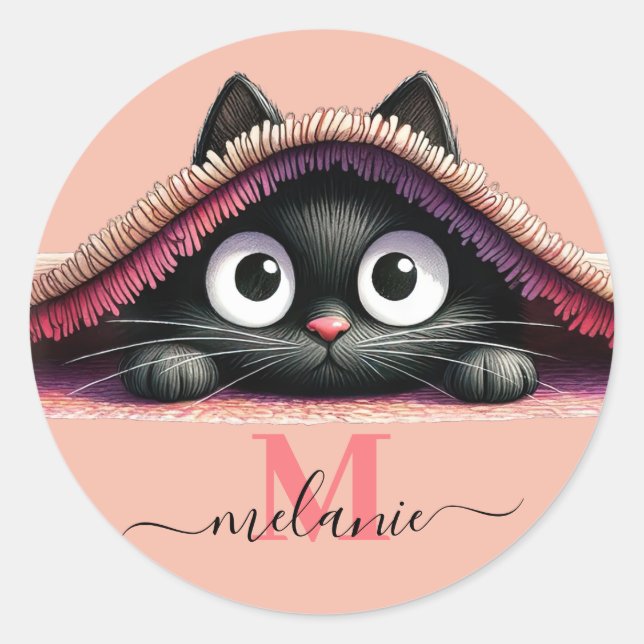Pegatina Redonda Peek-a-Boo Kitten Script Name Monogram Girls'  (Anverso)