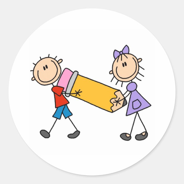 Pegatina Redonda Pegar niños con lápiz (Anverso)