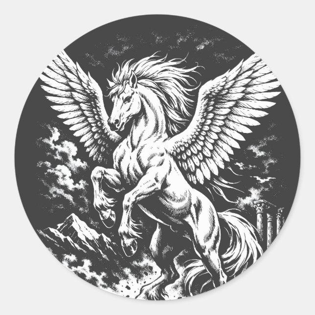 Pegatina Redonda Pegasus — Heraldo Alado de la Tormenta (Anverso)