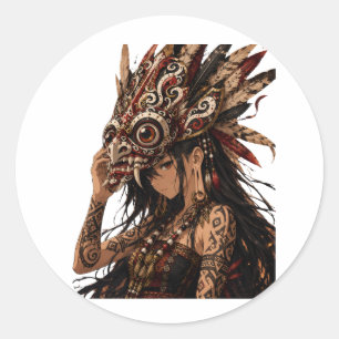 PEGATINA REDONDA PEGATIN DAYAK HUDOQ MÁSCARA MUJER ARTE TRIBAL PEGA