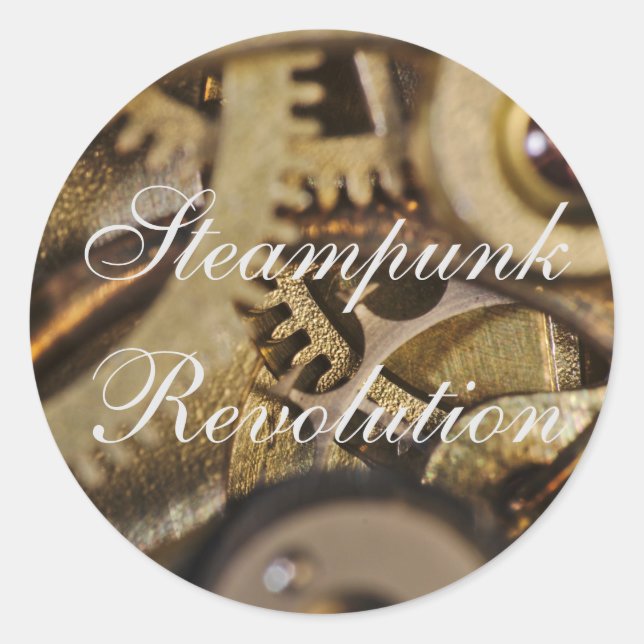 Pegatina Redonda Pegatina: Revolución Steampunk. Mecanismo de vigil (Anverso)