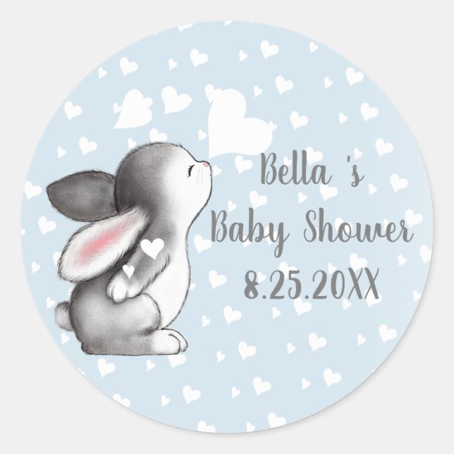 Pegatina Redonda Pegatinas Baby Shower de Blue Bunny Heart Confetti (Anverso)
