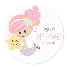 Pegatinas Baby Shower de sirena de pelo rosado con