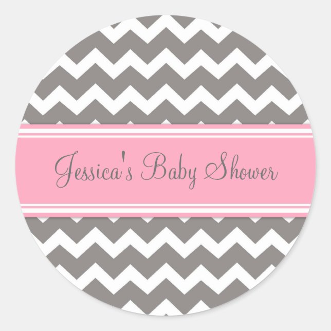Pegatina Redonda Pegatinas Baby Shower Favor de Chevron Gris Rosa (Anverso)
