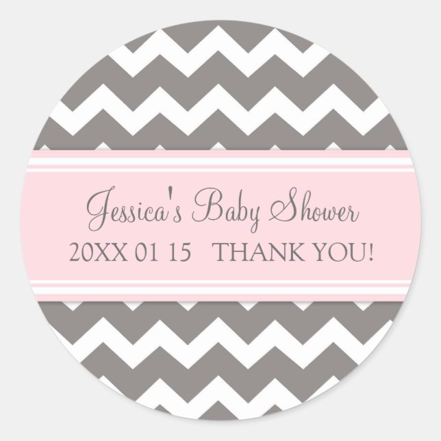 Pegatina Redonda Pegatinas Baby Shower Favor de Chevron Gris Rosa (Anverso)