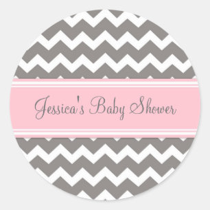 Pegatina Redonda Pegatinas Baby Shower Favor de Chevron Gris Rosa