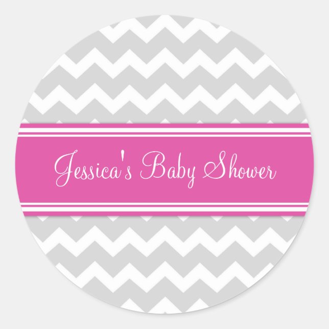 Pegatina Redonda Pegatinas Baby Shower Favor de Chevron Gris Rosa (Anverso)