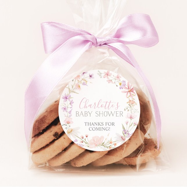 Pegatina Redonda Pegatinas Baby Shower Favorito de Flor Silvestre (Wildflower baby shower favor stickers | Matching items available.)