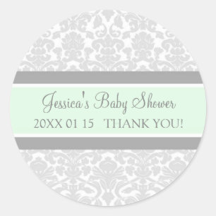 Pegatina Redonda Pegatinas Baby Shower Favorito de Mint Gray Damask