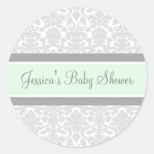 Pegatina Redonda Pegatinas Baby Shower Favorito de Mint Gray Damask