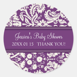 Pegatina Redonda Pegatinas Baby Shower Favorito de Purple Damask