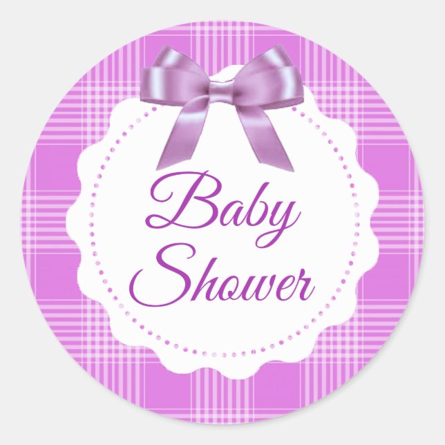 Pegatina Redonda Pegatinas Baby Shower Purple Plaid y Bow (Anverso)