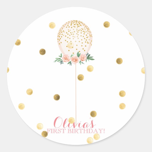 Pegatina Redonda pegatinas chicas del primer cumpleaños con globos  (Anverso)