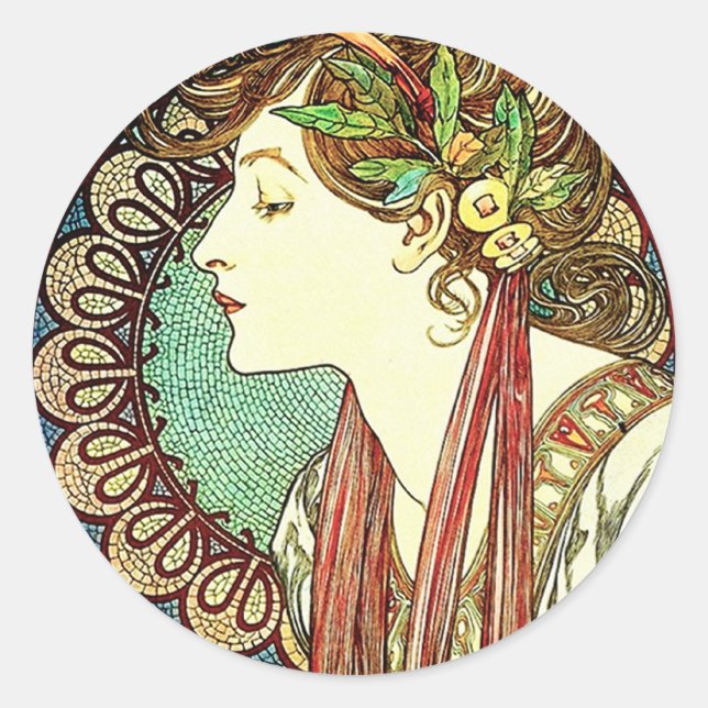 Pegatina Redonda Pegatinas de Alphonse Mucha Laurel (Anverso)