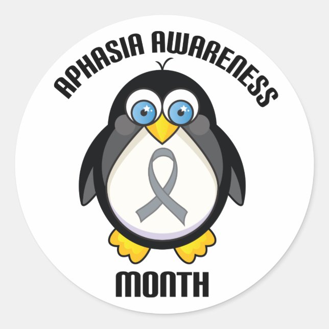 Pegatina Redonda Pegatinas de Aphasia Awareness Penguin Ribbon (Anverso)