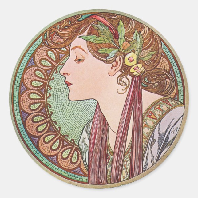 Pegatina Redonda Pegatinas de Art Nouveau de Alphonse Mucha Laurel (Anverso)