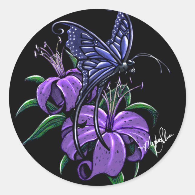 Pegatina Redonda Pegatinas de arte morado Lillies Blue Butterfly (Anverso)