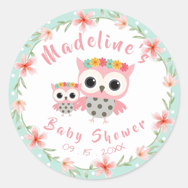 Pegatina Redonda Pegatinas de Baby Shower Boho Owl (Anverso)