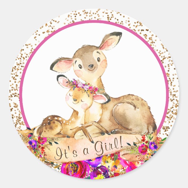 Pegatina Redonda Pegatinas de Baby Shower chica Woodland Deer (Anverso)