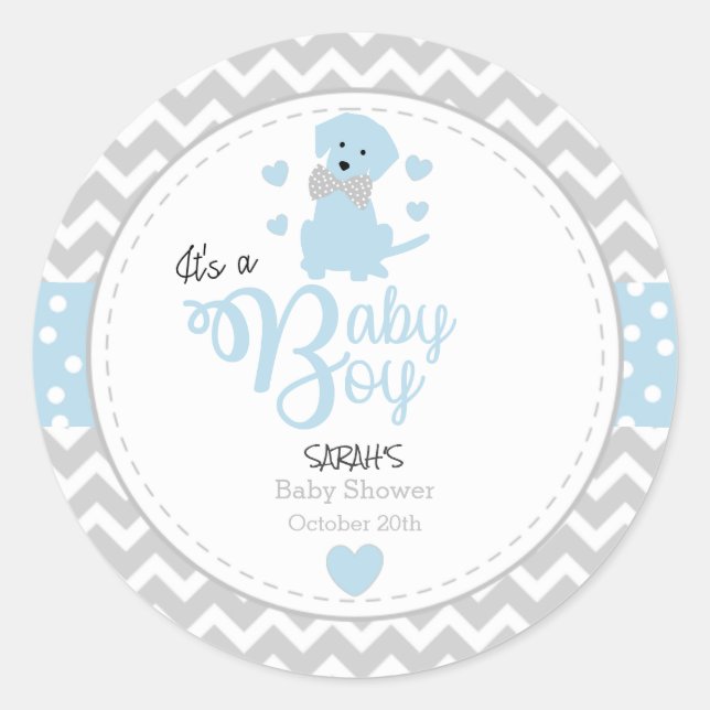 Pegatina Redonda Pegatinas de Baby Shower de Baby Blue Puppy (Anverso)