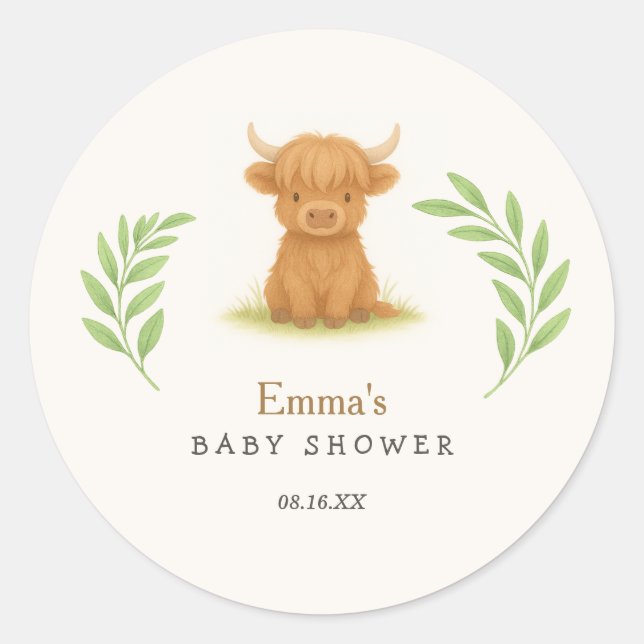 Pegatina Redonda Pegatinas de Baby Shower de Highland Cow (Anverso)