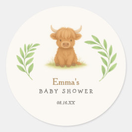 Pegatina Redonda Pegatinas de Baby Shower de Highland Cow