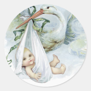 Pegatina Redonda Pegatinas de Baby Shower de la vintage Blue Stork