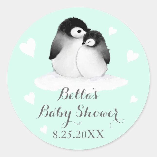 Pegatina Redonda Pegatinas de Baby Shower de Mint Penguins (Anverso)