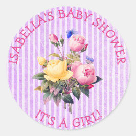 Pegatina Redonda Pegatinas de Baby Shower de Moda floral a rayas mo