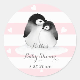 Pegatina Redonda PEGATINAS de Baby Shower de PInk Penguin