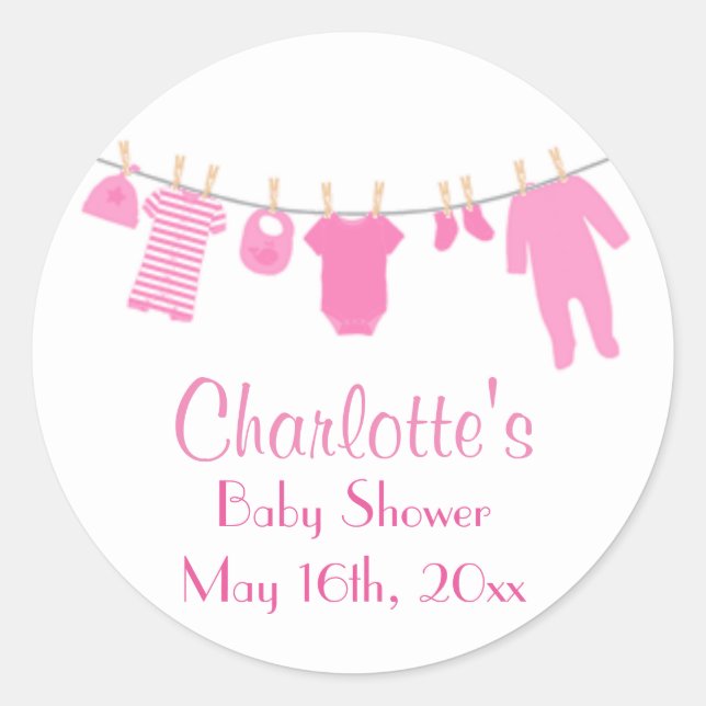 Pegatina Redonda Pegatinas de Baby Shower de Ropa Rosa (Anverso)