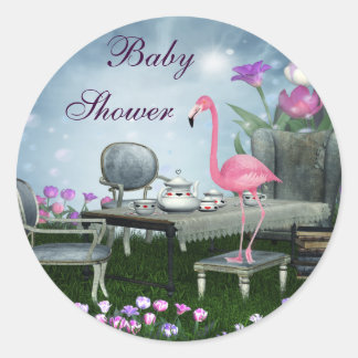 Pegatina Redonda Pegatinas de Baby Shower de Wonderland Flamingo