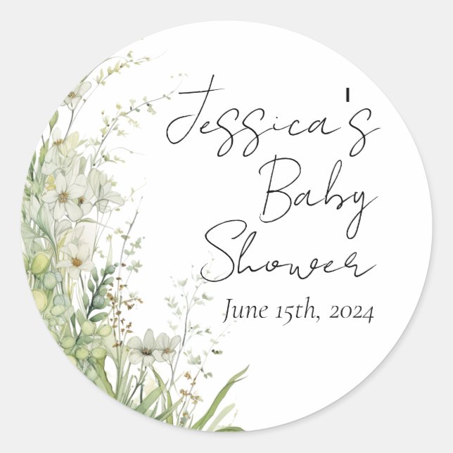 Pegatina Redonda Pegatinas de Baby Shower Greenery Wildflower (Anverso)