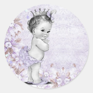Pegatina Redonda Pegatinas de Baby Shower morado de Lavanda Vintage