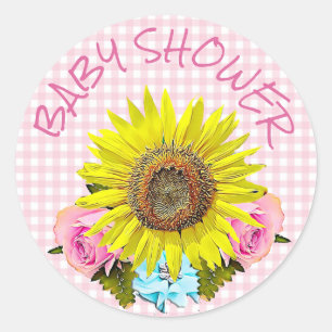 Pegatina Redonda Pegatinas de BABY SHOWER Pink Gingham Sunflower