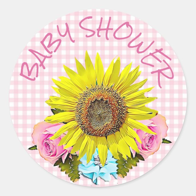 Pegatina Redonda Pegatinas de BABY SHOWER Pink Gingham Sunflower (Anverso)