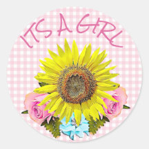 Pegatinas de BABY SHOWER Pink Gingham Sunflower