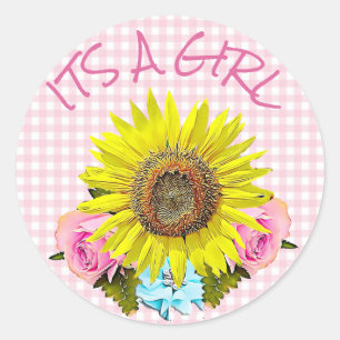 Pegatina Redonda Pegatinas de BABY SHOWER Pink Gingham Sunflower