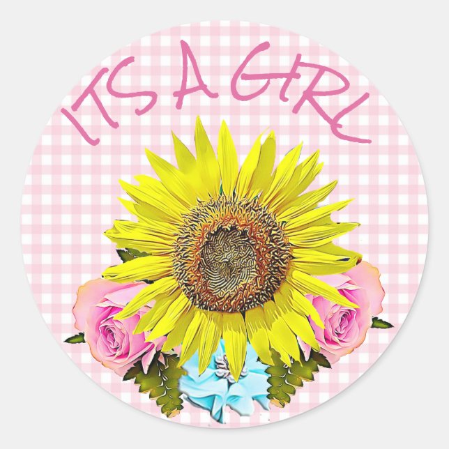 Pegatina Redonda Pegatinas de BABY SHOWER Pink Gingham Sunflower (Anverso)