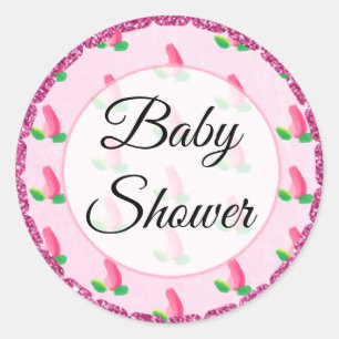 Pegatina Redonda Pegatinas de Baby Shower Pink Rosebud