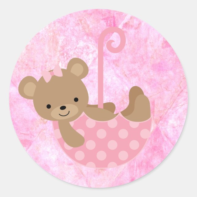 Pegatina Redonda Pegatinas de Baby Shower rosados de Teddy Bear (Anverso)