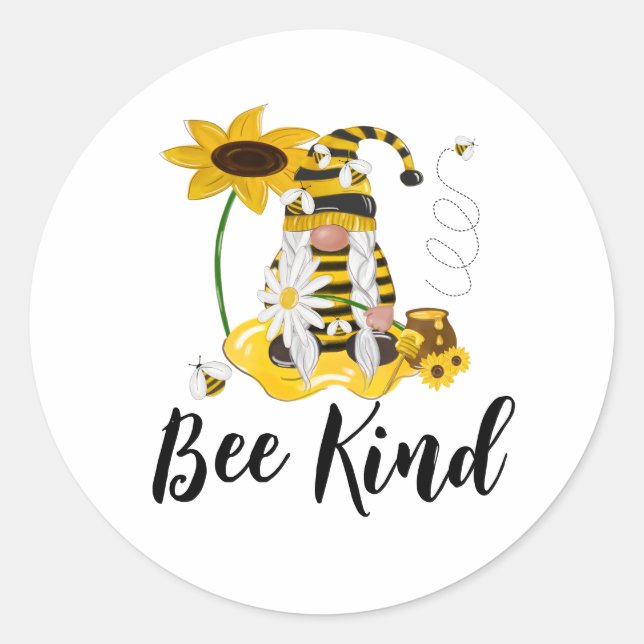 Pegatina Redonda Pegatinas de Bee Mine Gnome Yellow Sunflower Craft (Anverso)