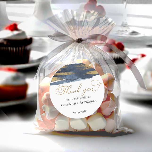 Pegatina Redonda Pegatinas de bodas | Azul acuarela Abstracto dorad (Subido por el creador)