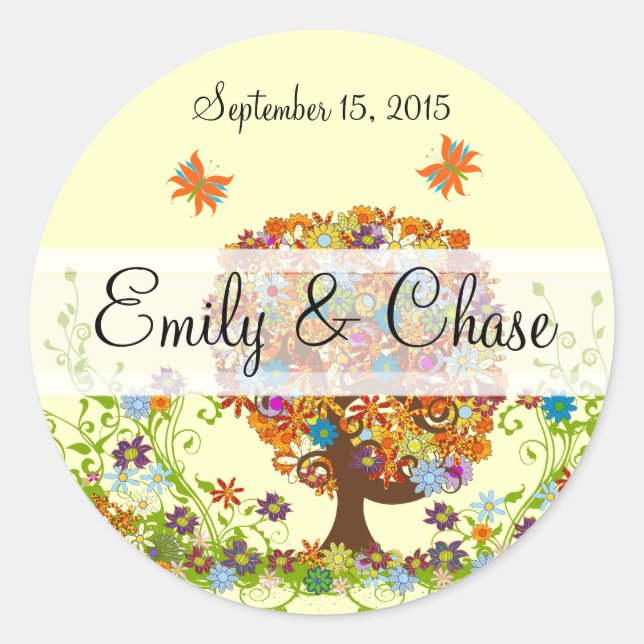 Pegatina Redonda Pegatinas de bodas de árbol de amor de flores (Anverso)