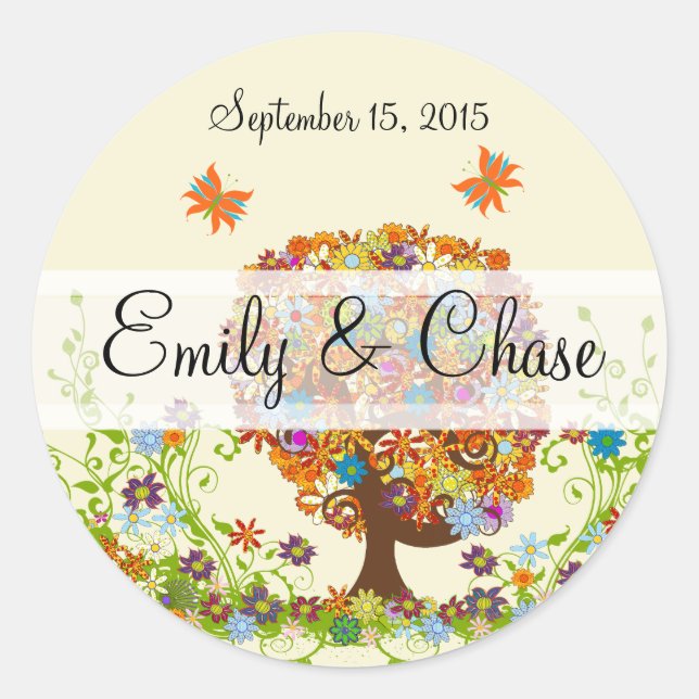 Pegatina Redonda Pegatinas de bodas de árbol de amor de flores (Anverso)