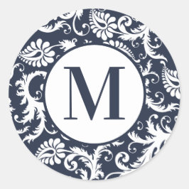 Pegatina Redonda Pegatinas de bodas de monograma Aqua Damask brilla