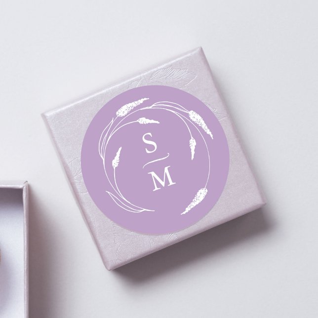 Pegatina Redonda Pegatinas de bodas de monograma de lavanda (Purple wedding favor sticker monogram lavender line art by Victoria Grigaliunas of Do Tell A Belle)