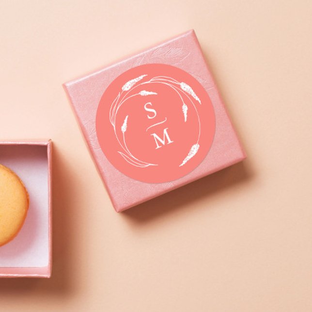 Pegatina Redonda Pegatinas de bodas de monograma para el enganche (Peach monogram wedding favor stickers unique floral line art by Victoria Grigaliunas)